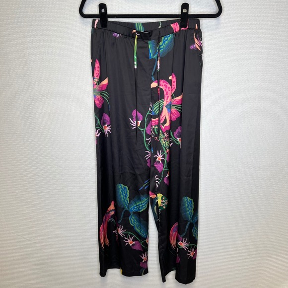 Soma Tropical Bird Orchid Satin Wide Leg Lounge Pajama Pants Black Small - Picture 2 of 7
